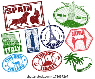 Set of stylized grunge travel stamps on white, vector illustration