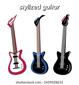 Set of stylized guitars. Collection of electric guitars on a white background. Illustration of musical instruments. Isolated stylish art. Vector set.