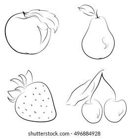 Set of Stylized Hand Drawn Apple, Pear, Cherry and Strawberry. Vector Design Element