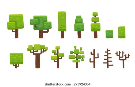 Set of stylized hand drawn cartoon trees isolated on white, suitable for platformer video game level backgrounds.