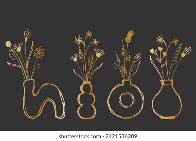 Set of stylized hand drawn gold flowers in a vases. Elements for logo, business card, booklet