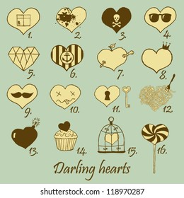 Set of stylized hand drawn hearts