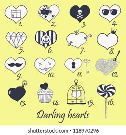 Set of stylized hand drawn hearts
