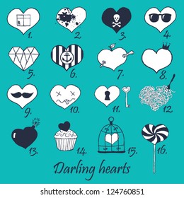 Set of stylized hand drawn hearts