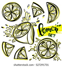 Set of stylized hand drawn lemons and water splashes.Perfect for restaurant menu backdrop, healthy food concept, juice bar,for cards and prints.Vector illustration with lemons and limes.