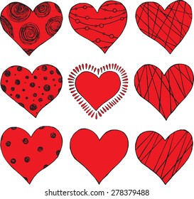 set of stylized hand painted hearts