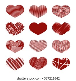 Set of Stylized hand-drawn Scribble Hearts Icons. Childlike, Sharp, Sketch,  Zigzag, Scrappy, Doodle, Cartoon, Comics. Perfect Design Element for Valentine's Day or Wedding. Vector Stock.