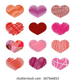 Set of Stylized hand-drawn Scribble Hearts Icons in different shades of red. Childlike, Sketch, Scrappy, Doodle, Cartoon, Comics. Perfect Design Element for Valentine's Day or Wedding. Vector Stock.