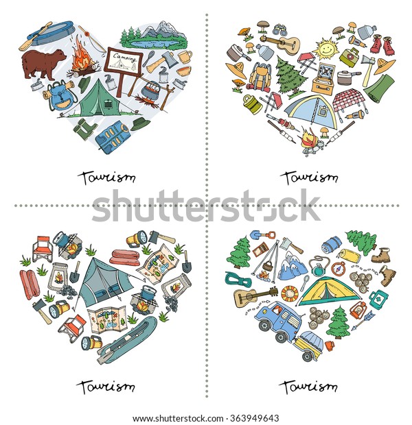 Set with stylized heart of hand drawn tourism and\
camping symbols. Illustration with necessary things in the hike.\
Vector for use in design
