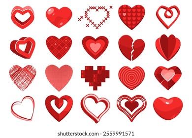 Set of stylized heart icons, vector clip art. Simple red heart shapes. Collection of heart silhouettes the symbol of love and romance. Decorative sign or sticker for card decoration. Valentine's day.