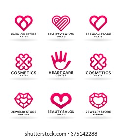 Set of stylized heart symbols and logo design elements (3)