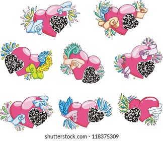 Set of stylized hearts. Color vector illustrations.