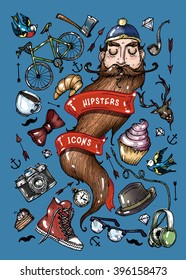 Set of stylized hipster icons. Vector