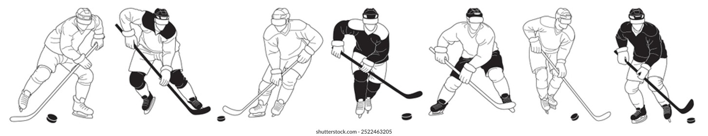 Set of stylized hockey players in line art style in black and white. Men depicted in mid-action, with a sticks and a pucks, dressed in hockey uniform