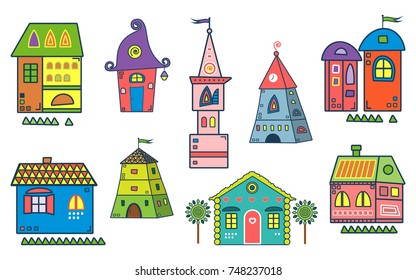 Set of the stylized houses. Ten fantastic lodges, fabulous pictures for children. It can be used for websites, children's magazines and advertisement. Vector illustration.