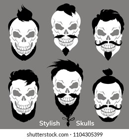 Set of stylized human skulls with mustaches, beards and different hairstyles. Skulls-hipsters. Vector illustration.
