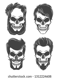 Set of stylized human skulls with mustaches, beards and different hairstyles. Vector Illustration.