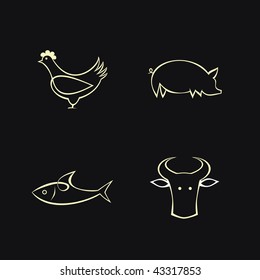 A Set Of Stylized Icons - Cow, Fish, Chicken And Pig. Icons That Represents Poultry, Beef, Pork And Seafood Products Or It's Value In The Product. White Image (outline) On Black Background.