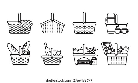Set of stylized icons depicting various picnic baskets filled with food drinks and accessories