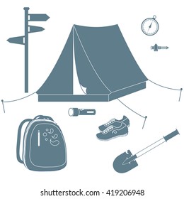 Set of stylized icons of tourist equipment and accessories on a white background