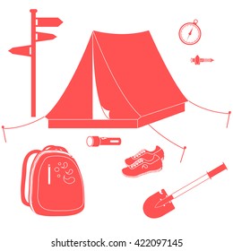 Set of stylized icons of tourist equipment and accessories on a white background