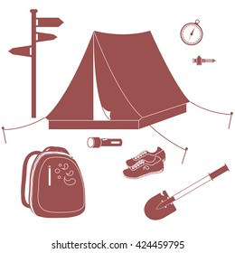 Set of stylized icons of tourist equipment and accessories on a white background