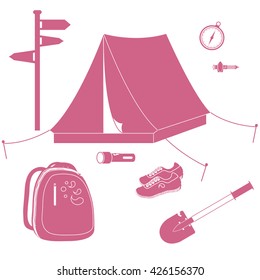Set of stylized icons of tourist equipment and accessories on a white background