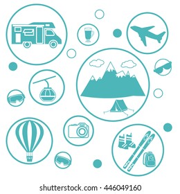 Set of stylized icons of tourist equipment and accessories in the mountains on a white background
