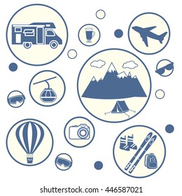 Set of stylized icons of tourist equipment and accessories in the mountains on a white background