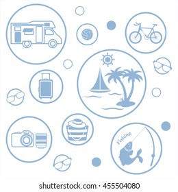 Set of stylized icons of traveler equipment and accessories to relax at your leisure on a white background