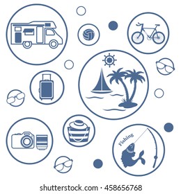Set of stylized icons of traveler equipment and accessories to relax at your leisure on a white background
