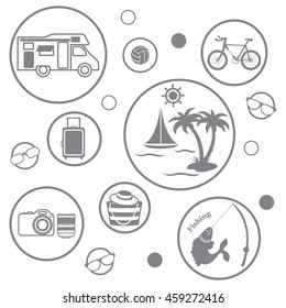 Set of stylized icons of traveler equipment and accessories to relax at your leisure on a white background