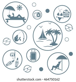 Set of stylized icons of traveler equipment and accessories to relax at your leisure on a white background