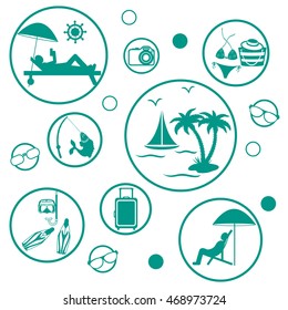 Set of stylized icons of traveler equipment and accessories to relax at your leisure on a white background