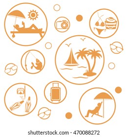 Set of stylized icons of traveler equipment and accessories to relax at your leisure on a white background