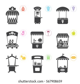Conjunto de ilustraciones estilizadas de soportes de promoción y varios objetos promocionales y de venta. Colección de objetos para uso externo, como pantallas de promoción y puestos móviles y de mercado fijo.