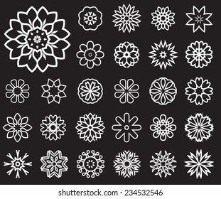 Set of stylized images of flowers. Vector illustrations isolated on a black background