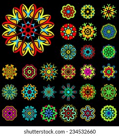 Set of stylized images of flowers. Vector illustrations isolated on a black background