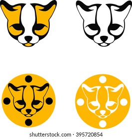 set of stylized images ocelot head , black and yellow silhouette of a wild cat , line logos on a white background