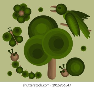 set of stylized images on spring theme, kids drawing, tree, bird, flower, caterpillar, snail, butterfly, brown-green palette, circles