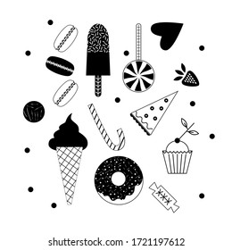 Conjunto de postres de pastelería de imágenes estilizadas. Macarones, galletas, helados, donut, chupete, dulces, tortas, fresas.  Clipart vector blanco y negro.