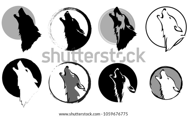 月に嘆くオオカミの花の様式化した画像セット 白黒の変種 ベクターイラスト 分離型物体 のベクター画像素材 ロイヤリティフリー