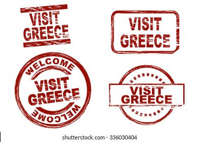 Set of stylized ink stamps showing the term visit greece. All on white background.
