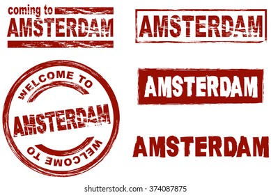Conjunto de carimbos de tinta estilizados mostrando a cidade de Amsterdã