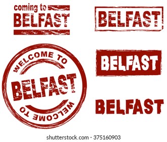 Set of stylized ink stamps showing the city of Belfast