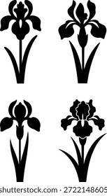 Conjunto de silhuetas estilizadas da flor da íris sobre um fundo branco