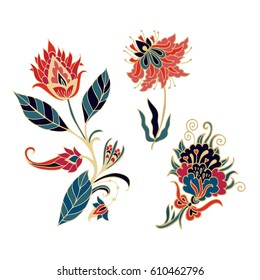 Set of stylized isolated vector flowers on white background, intricate stamp design, kalamkari