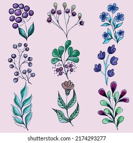 Set of stylized isolated vintage watercolor branches, flowers, leaves for cards, patterns, decor