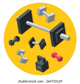 Set of stylized isometric sport equipment arranged in a circle.