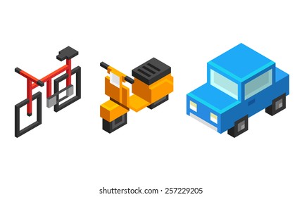 Set of stylized isometric urban personal vehicles: bicycle, scooter and car, isolated on white background.